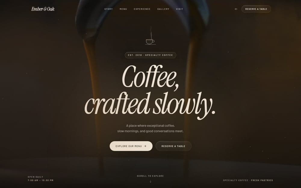 Ember & Oak homepage: espresso pouring behind the headline "Coffee, crafted slowly."