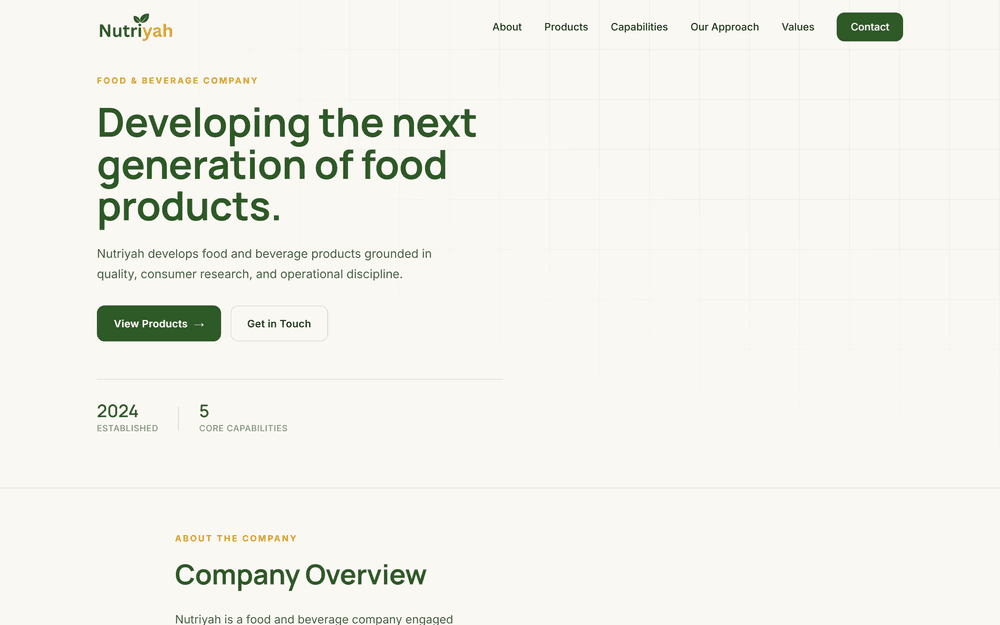Nutriyah homepage with the headline "Developing the next generation of food products"