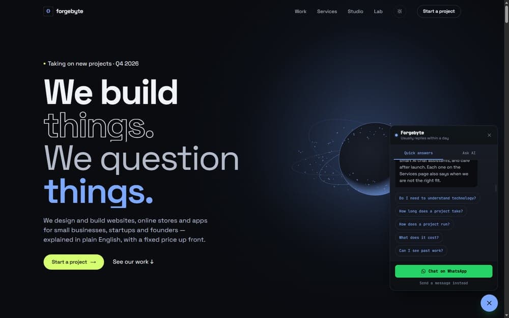 The Forgebyte chat assistant open, showing suggested questions